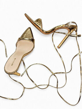 PrettyLittleThing Pointed Toe Metallic Strappy Lace Up Heeled Sandals Heels Gold